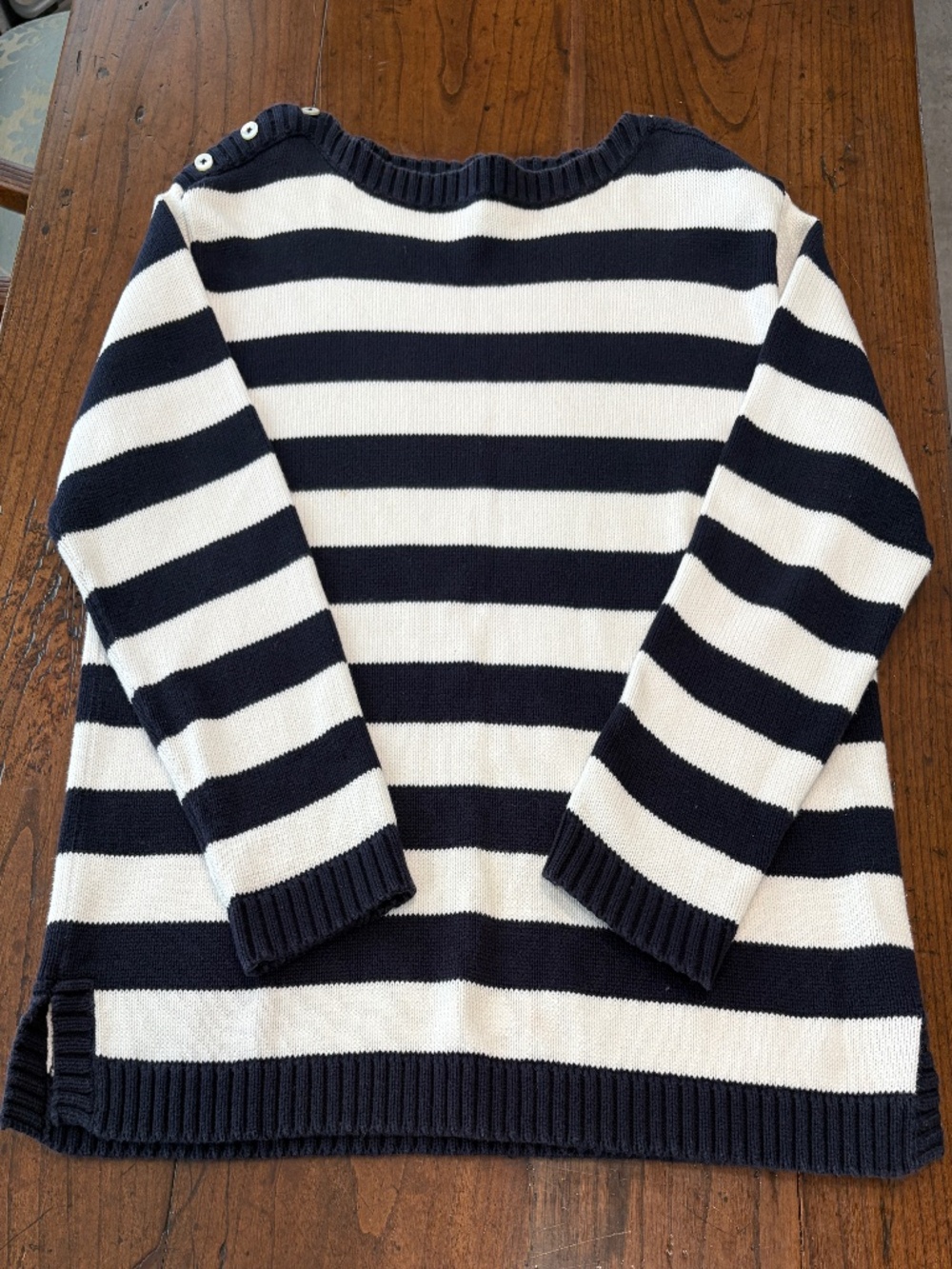 Jones New York Sport Navy Blue White Striped Cotton Shoulder Button Sweater XL